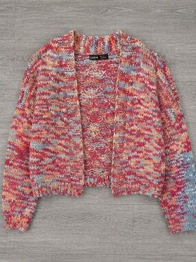 SHEIN Pink Multi-Color Open Front Knit Cardigan